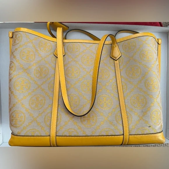 Tory Burch Perry Monogram Jacquard Triple-Compartment Tote in Goldfinch - Picture 2 of 9